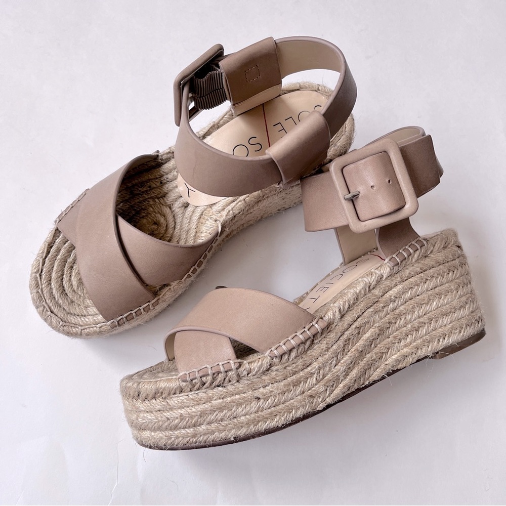 Sole Society Tan Leather Ankle Strap Espadrille Wedge Sandals Size 5